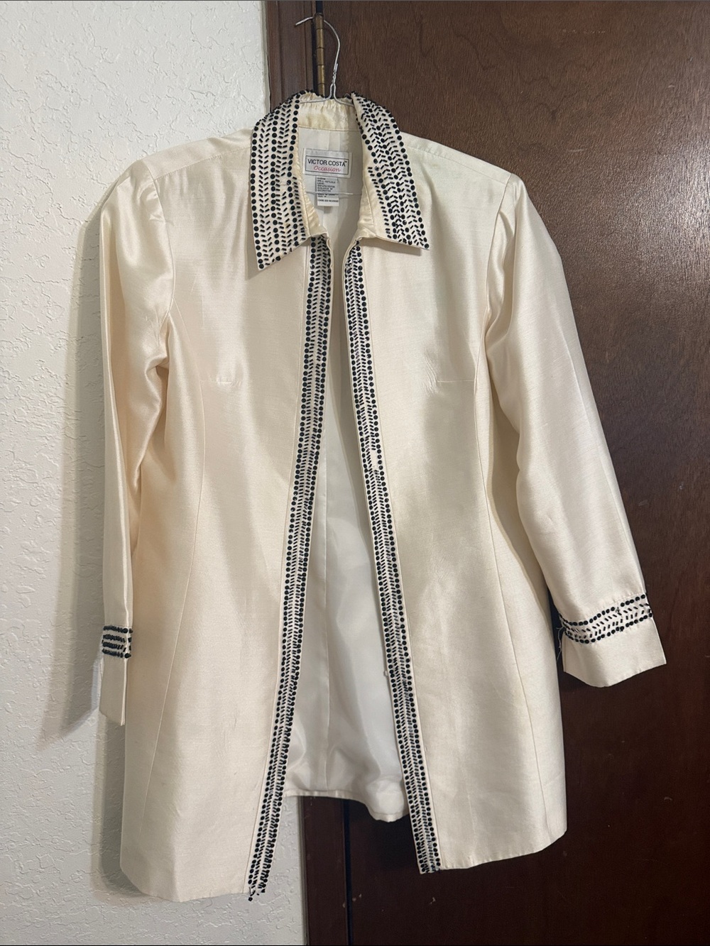 Vintage SILK Victor Costa Cream Jacket with Black Sequin Trim